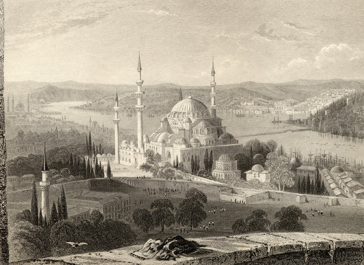 مسجد وقبر سليمان ، من برج Seraskier ، اسطنبول ، تركيا ، منقوش من H. Adlard بواسطة وليام هنري بارتليت