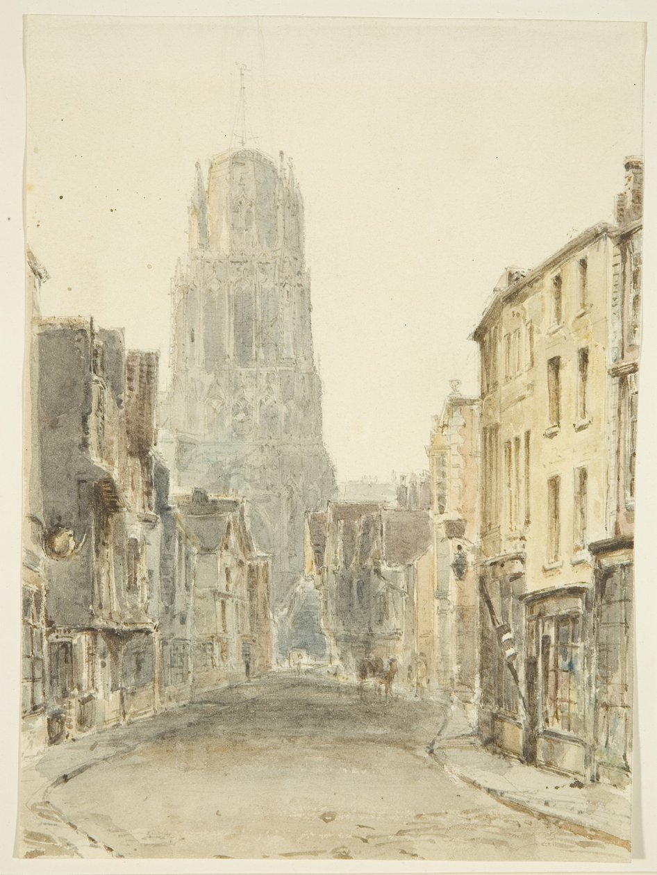 منظر شمالي لكنيسة سانت ماري ريدكليف من شارع ريدكليف ، حوالي عام 1825 (قلم رصاص وألوان مائية على ورق) بواسطة وليام هنري بارتليت