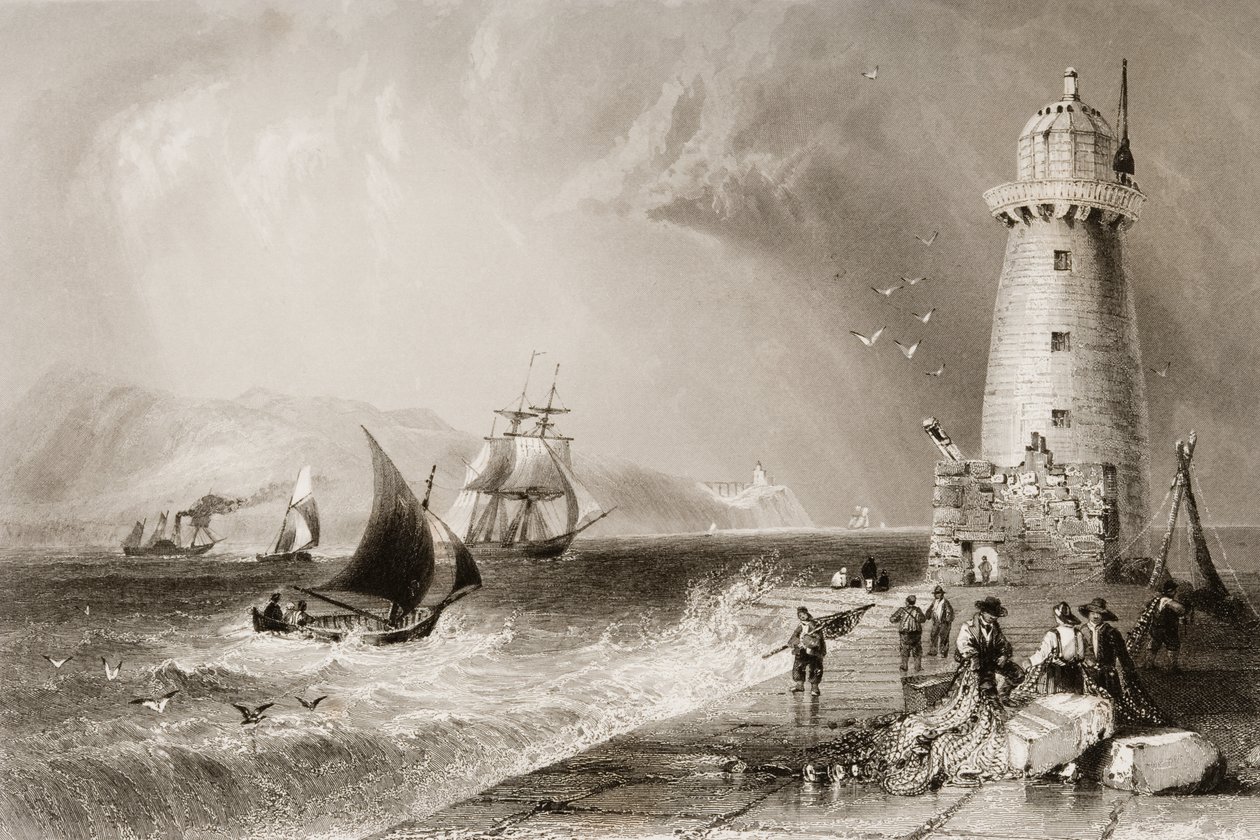 منارة ساوث وول مع Howth Hill في المسافة ، دبلن ، من "مشهد وآثار أيرلندا" لجورج فيرت ، 1860s بواسطة وليام هنري بارتليت