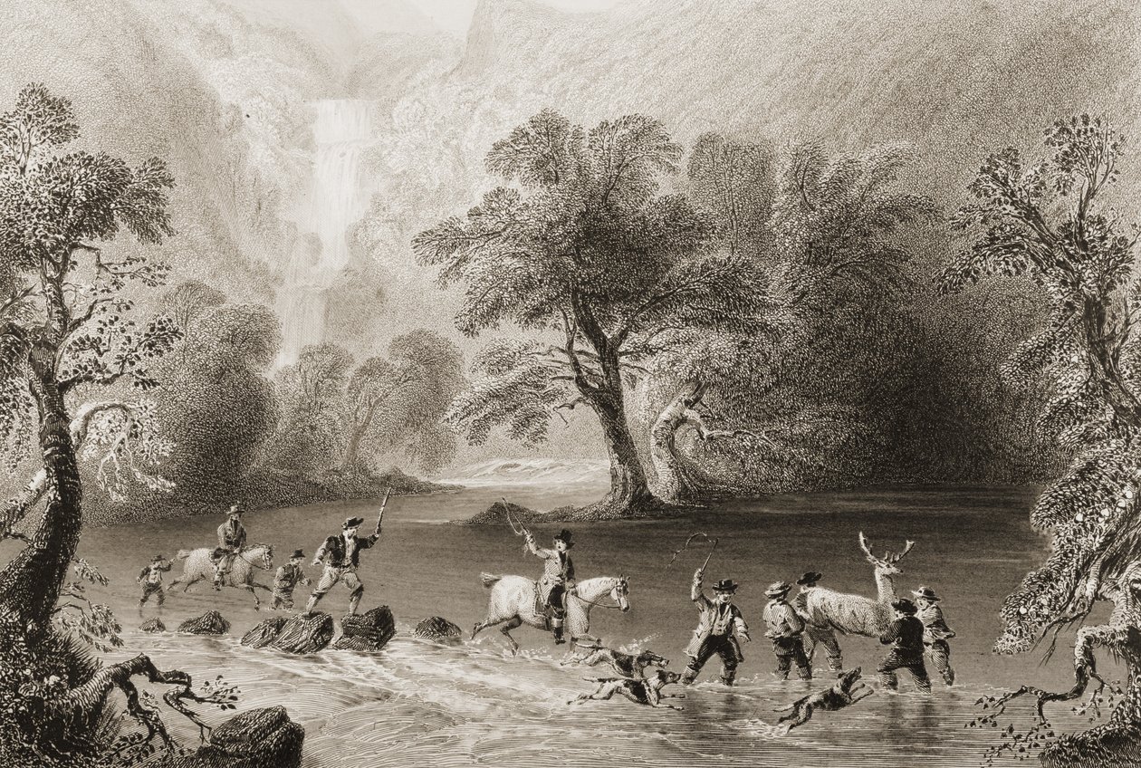 أخذ Stag بالقرب من Derrycunnihy Cascade ، مقاطعة كيري ، أيرلندا ، من "مشهد وآثار أيرلندا" لجورج Virtue ، 1860s (النقش) بواسطة وليام هنري بارتليت