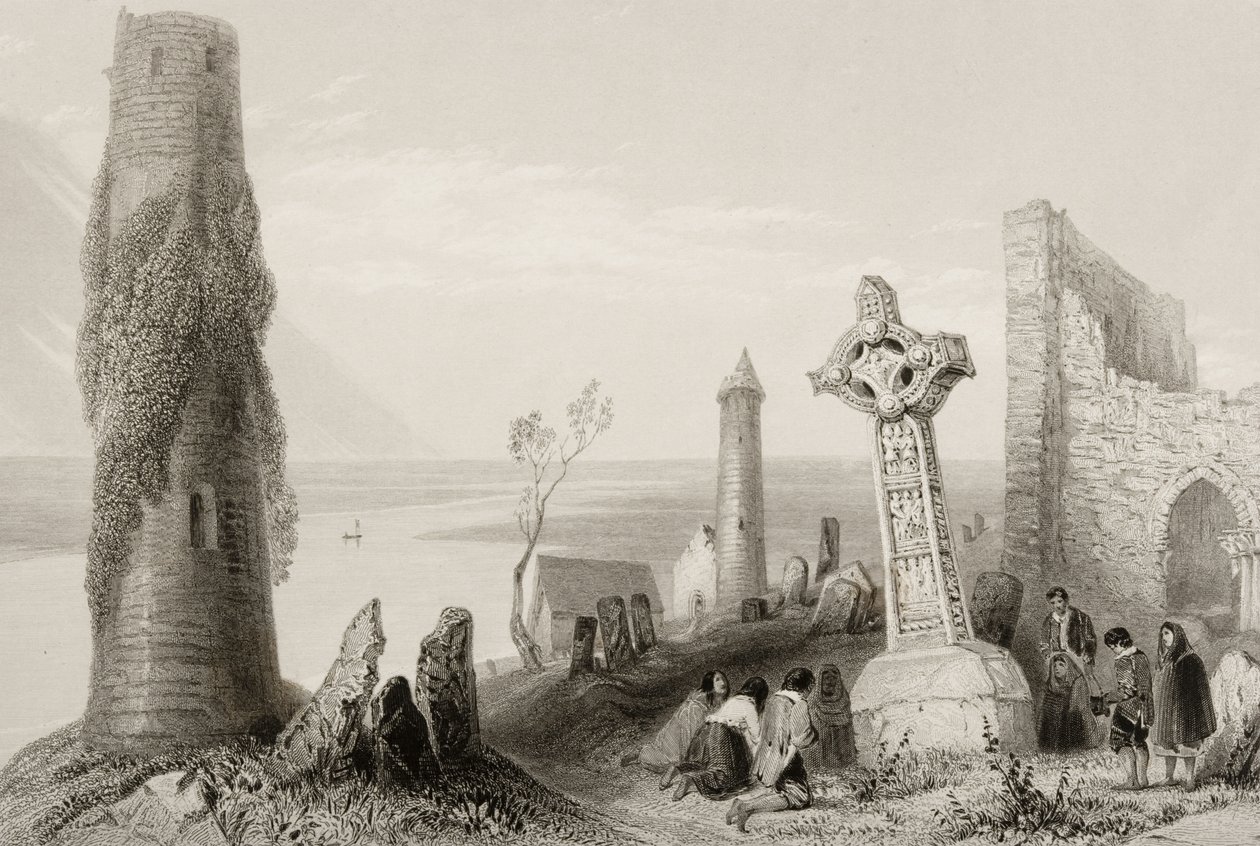 الصليب القديم وبرج مستدير في Clonmacnois ، مقاطعة أوفالي ، أيرلندا ، من "مشهد وآثار أيرلندا" (انظر 131074) بواسطة وليام هنري بارتليت