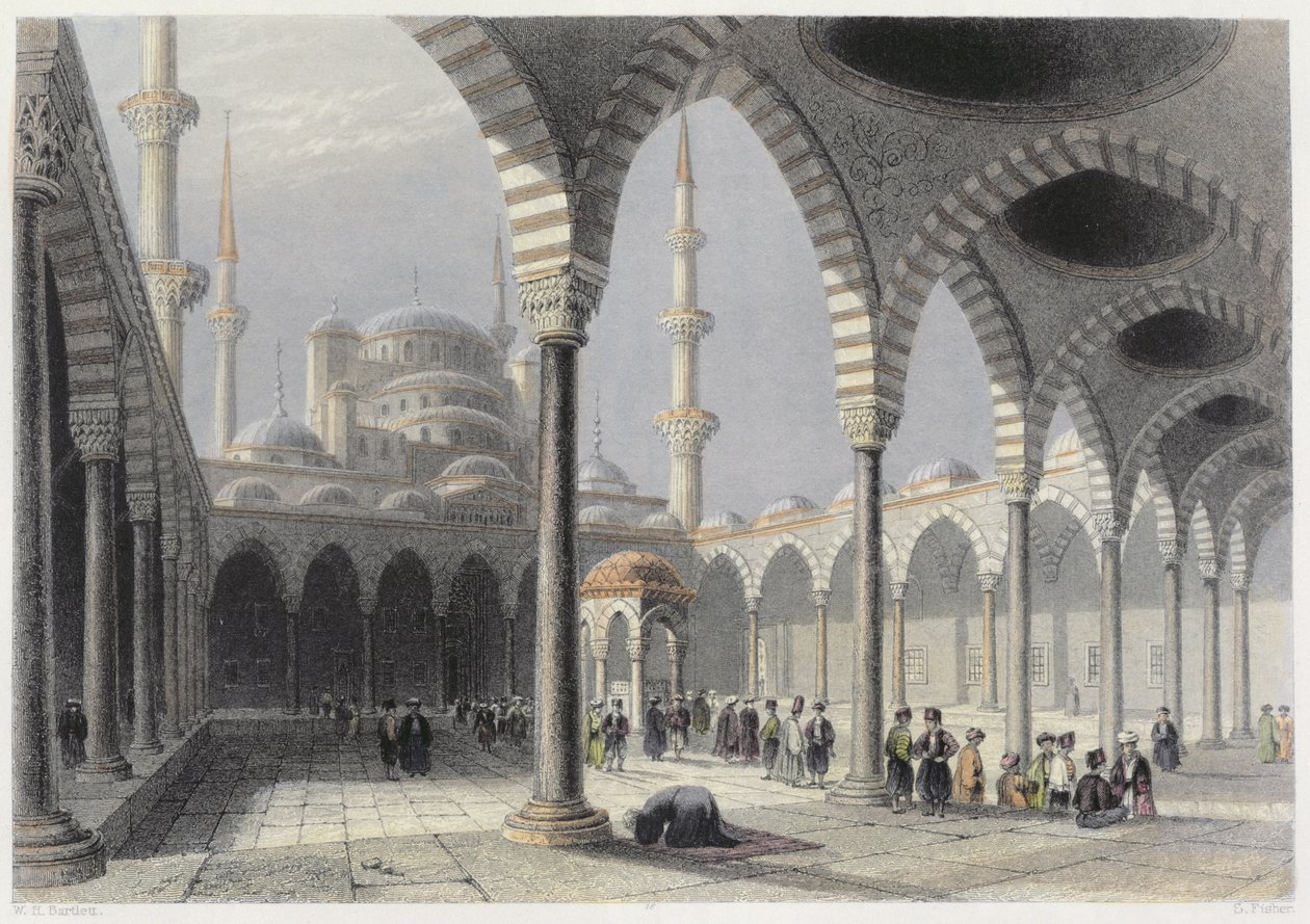 محكمة مسجد السلطان أحمد ، اسطنبول ، محفورة من قبل S. Fisher ، c.1850 (aquatint) بواسطة وليام هنري بارتليت