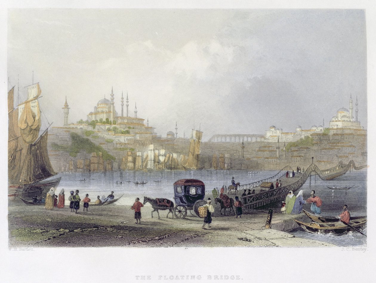 الجسر العائم ، اسطنبول ، محفور من قبل جي سي بنتلي ، c.1850 (أكواتينت) بواسطة وليام هنري بارتليت