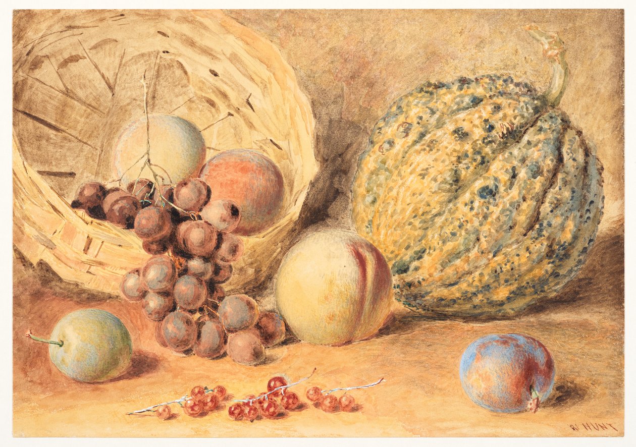 سلة بالبطيخ والخوخ والعنب والخوخ، حوالي 1804 (جرافيت، ألوان مائية مع بعض الصمغ العربي المضاف، لون الجسم والخدش على الورق المنسوج) بواسطة وليام هنري هنت