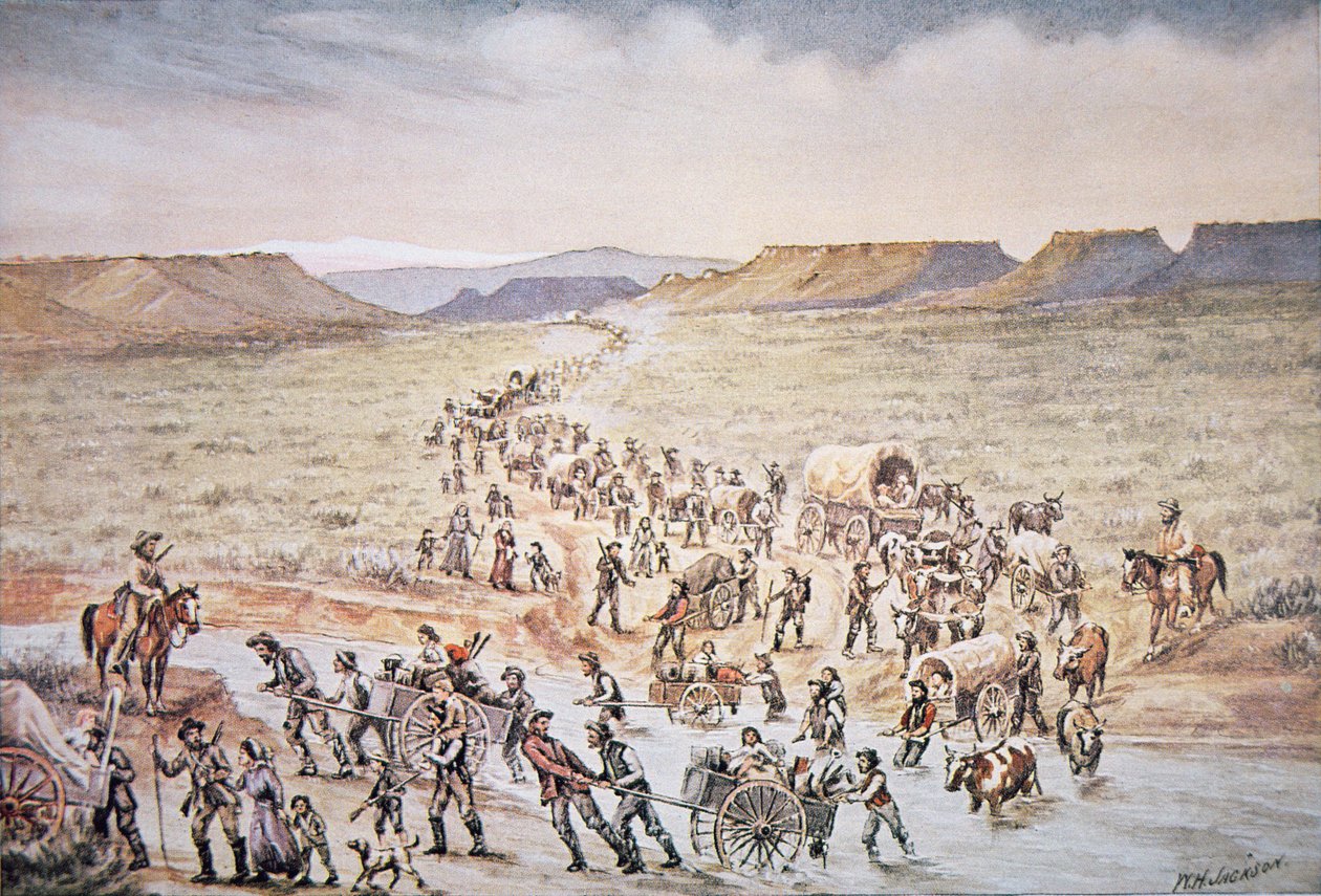 رواد سيارات المورمون يتجهون غربًا إلى ولاية يوتا في عام 1850 (لون ليثو) بواسطة وليام هنري جاكسون