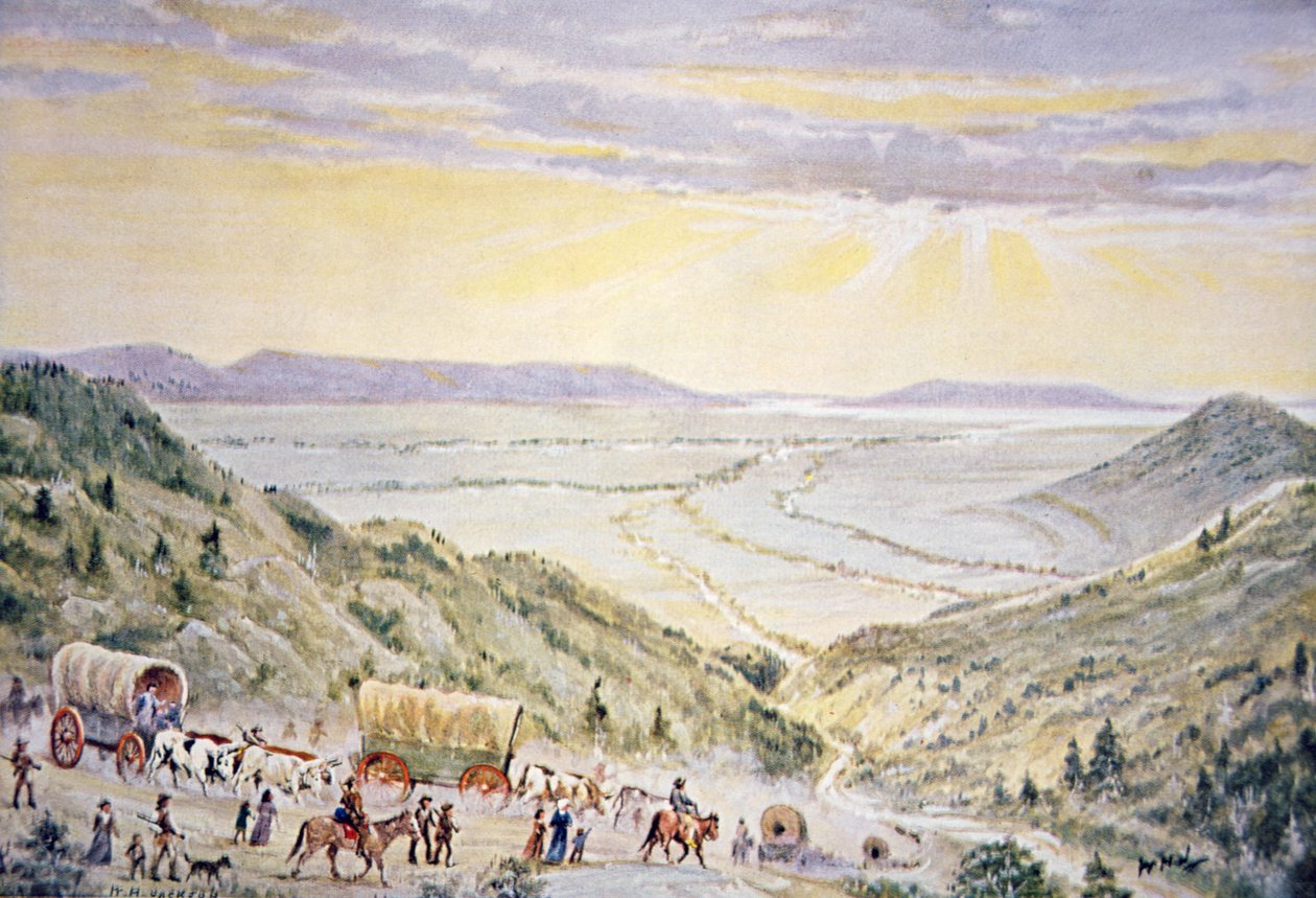 Mormons descending Little Mountain into Salt Lake City, Utah (colour litho) بواسطة وليام هنري جاكسون