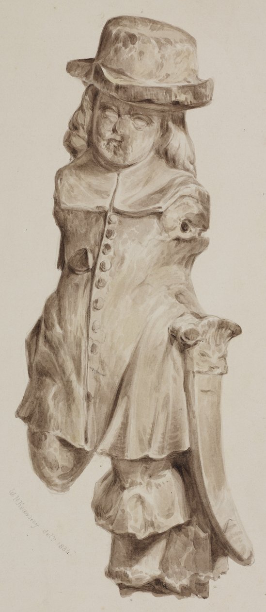 شكل منحوت من خشب البلوط ، في وقت واحد عند مدخل المنزل المبني على موقع حانة Boars Head ، Eastcheap ، 1834 (يغسل على ورق) بواسطة وليام هنري كيرني