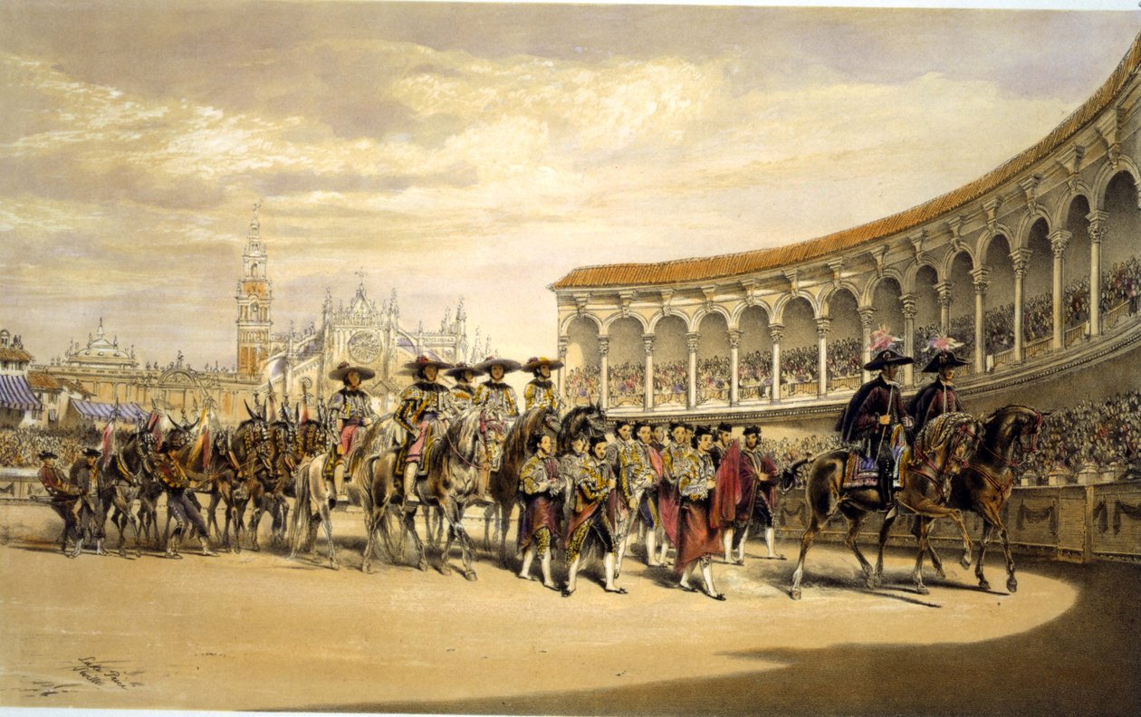 دخول الأعراف في موكب. بحيرة برايس (c1810-1896) فنان إنجليزي. تجهيز مصارعي الثيران في ملعب إشبيلية بإسبانيا. Corrida Matador Tradition Costume Blood Sport Spectacle بواسطة وليام هنري ليك برايس
