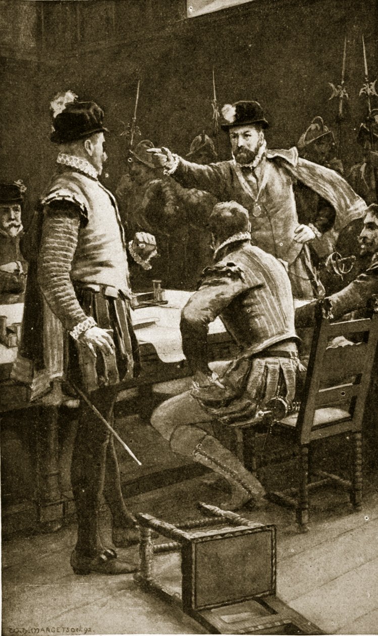 ريجنت موراي يعتقل أعداءه ، 1569 ، رسم توضيحي من "قصة هتشنسون للأمة البريطانية" ، ج .1923 بواسطة وليام هنري مارجيسون