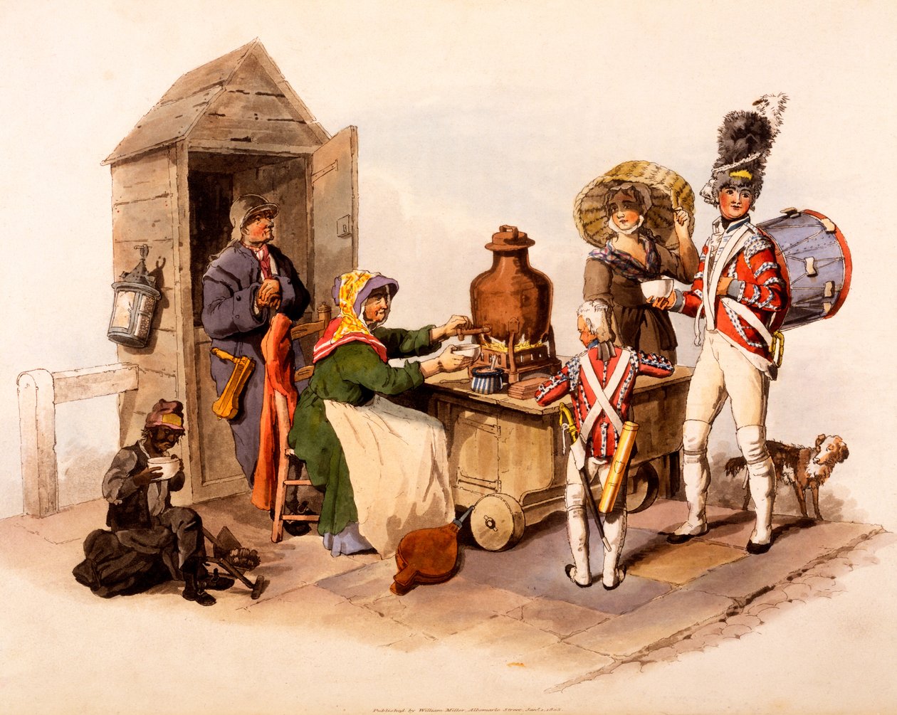 بائع Sallop يقدم مشروبات ساخنة ساخنة ، من "أزياء بريطانيا العظمى" ، 1808 بواسطة وليام هنري باين