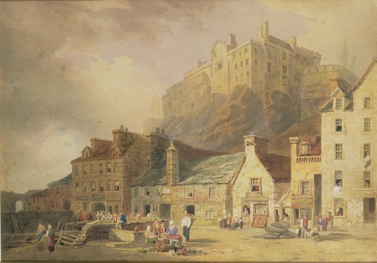 قلعة إدنبرة من سوق العشب ، تظهر ليتل ويست بورت ، c.1820 (مرحاض وسيبيا) بواسطة وليام هنري ستوتارد