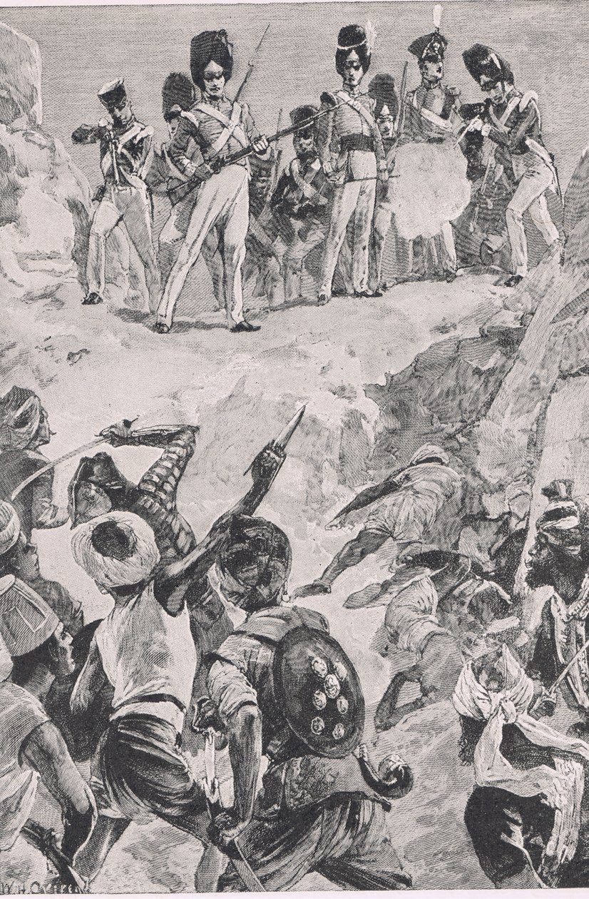 أطلق متابعو كارمايكل كرة طائرة على مجموعة كثيفة من الرجال: معركة بهاراتبور 1826 ، رسم توضيحي من المعارك البريطانية في البر والبحر ، 1915 بواسطة وليام هيشام أوفرند