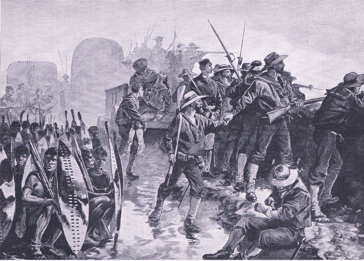 الدفاع عن الغسالة ضد هجوم الزولو ، رسم توضيحي من المعارك البريطانية في البر والبحر ، 1915 بواسطة وليام هيشام أوفرند