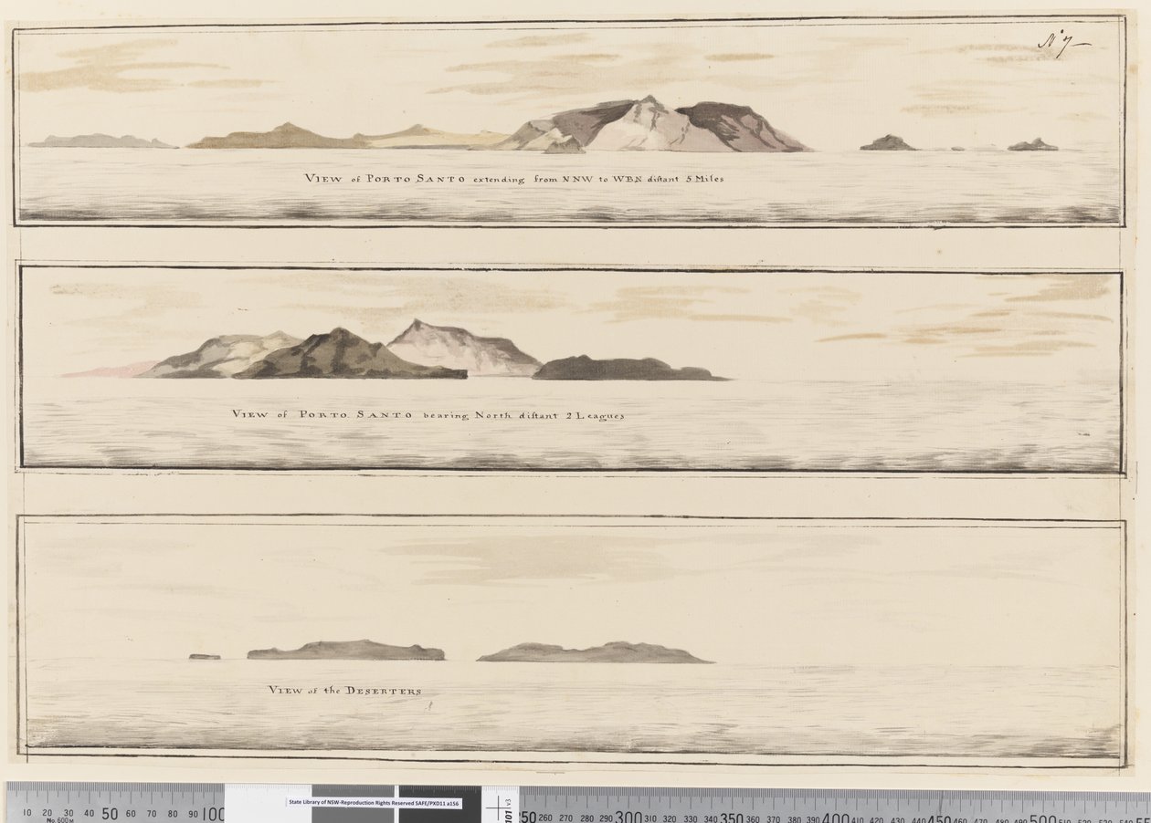 الصفحة 7 (أ) منظر لبورتو سانتو. معنون بالحبر على طول الحافة السفلية "منظر لبورتو سانتو يمتد من شمال غرب إلى WBW على بعد 5 أميال" (ب) منظر بورتو سانتو باتجاه الشمال. معنون بالحبر السفلي بالحافة "منظر لبورتو سانتو الذي يحمل مسافة شمالية لبطولت بواسطة وليام هودجز