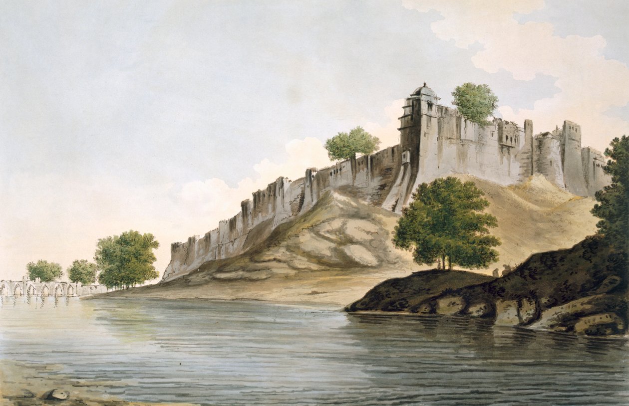 رر. ٣٣ منظر لحصن إليونيبور على ضفاف نهر Goomty من "Select Views in India" ، حانة. 1785-88 (النقش الملون مع aquatint) بواسطة وليام هودجز