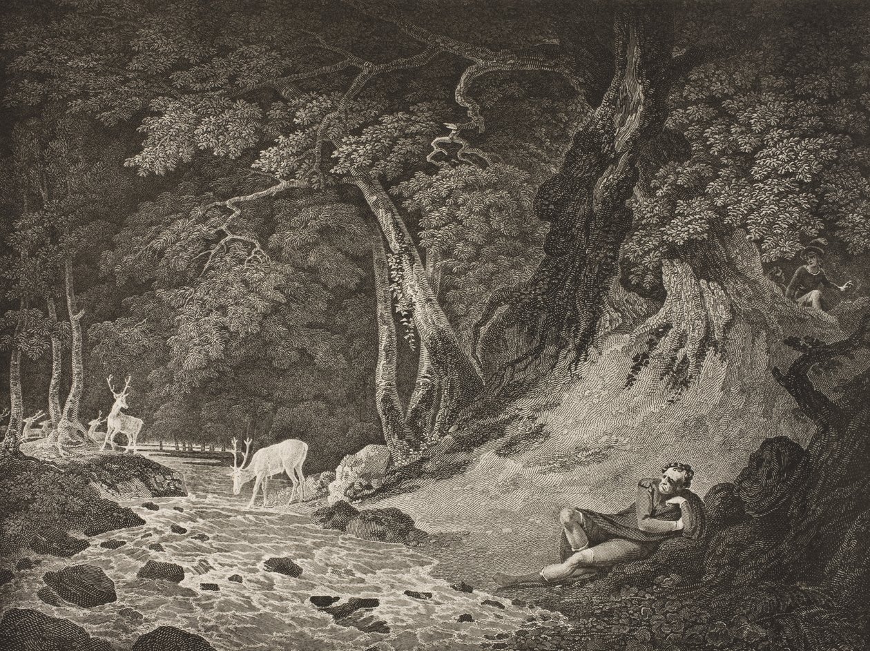 The Forest of Arden ، الفصل الثاني ، المشهد الأول ، من فيلم "كما تحبها" ، من معرض Boydell شكسبير ، نُشر في أواخر القرن التاسع عشر بواسطة وليام هودجز