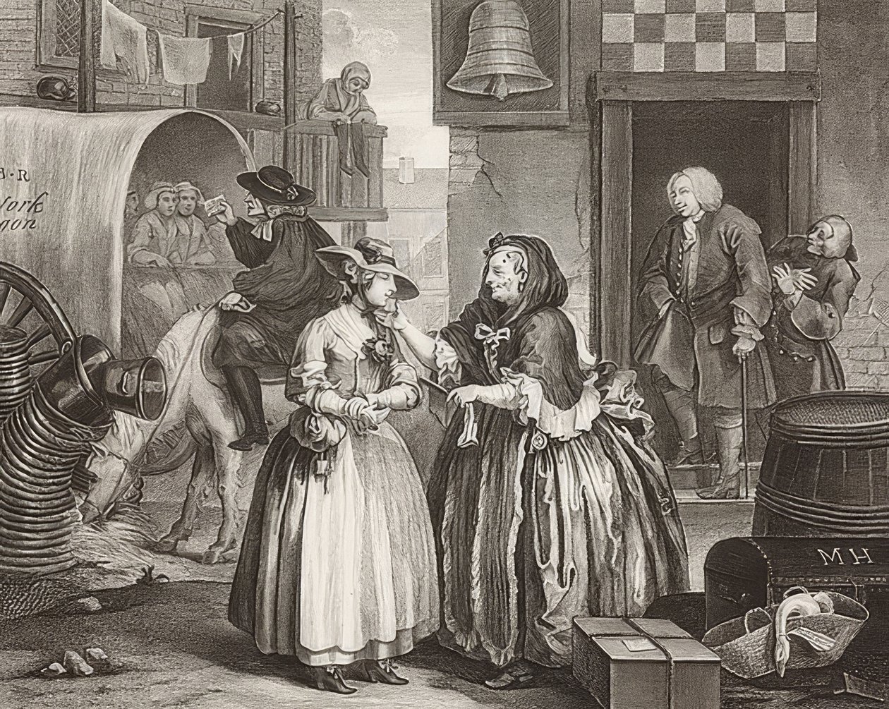 A Harlot؟ S Progress - The Way of a Whore، Sheet 1: الوصول إلى لندن. 1732 بواسطة وليام هوغارث