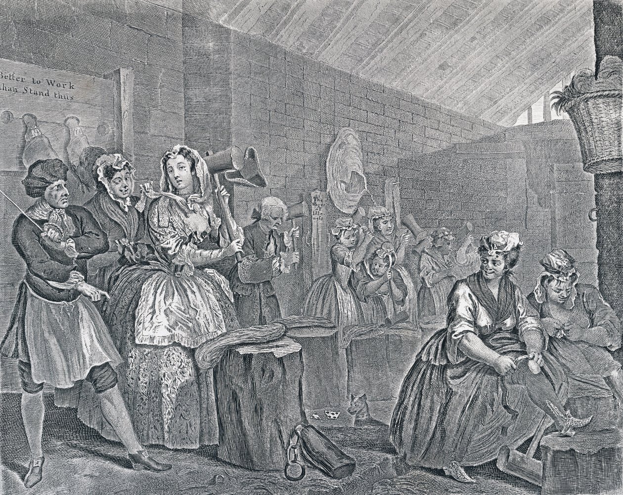 تقدم Harlot ، اللوحة الرابعة: مشهد في Bridewell ، 1732 (النقش والحفر) بواسطة وليام هوغارث
