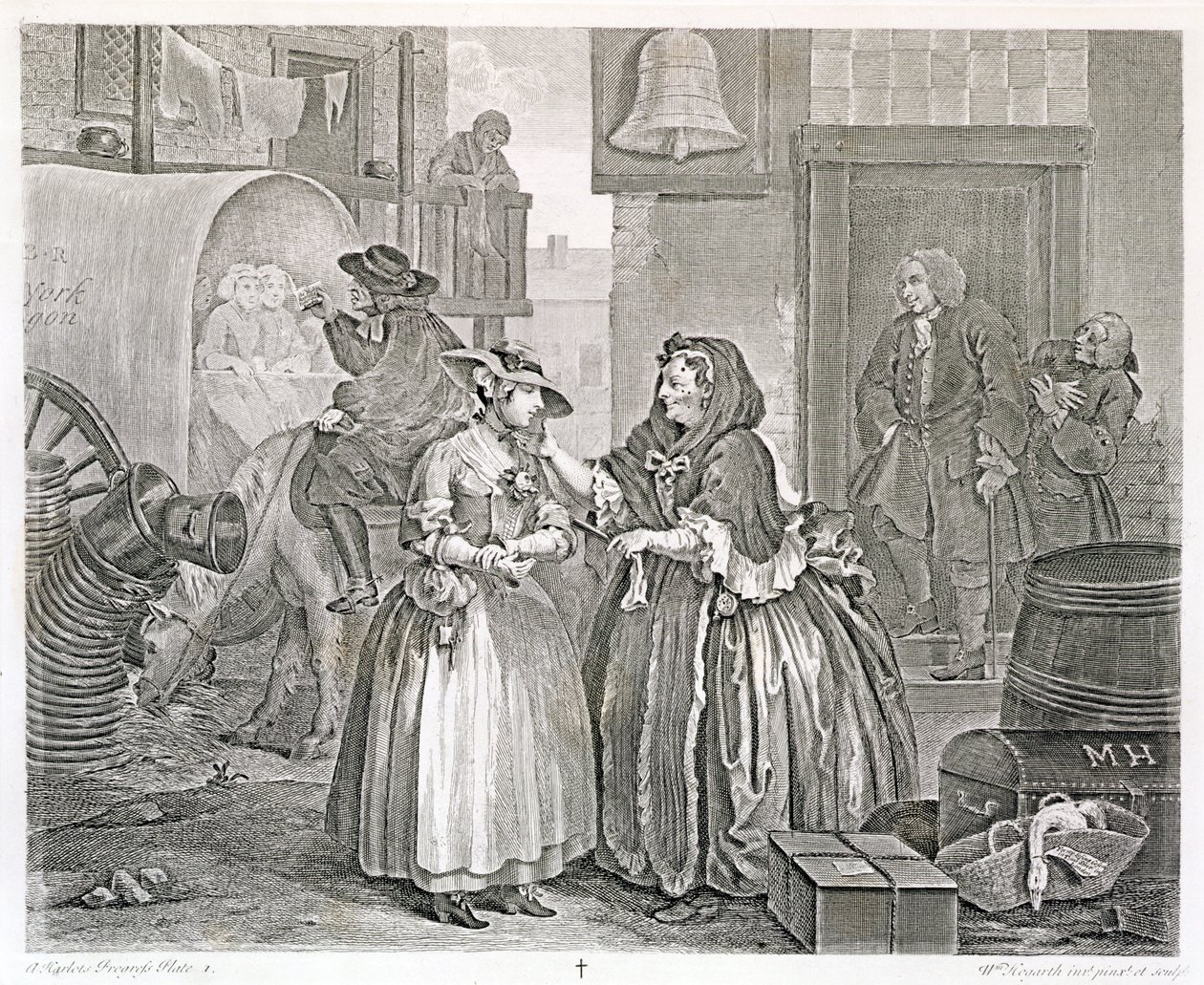 تقدم Harlot ، اللوحة الأولى: مؤمنة بالوكيل ، 1732 (النقش والنقش) بواسطة وليام هوغارث