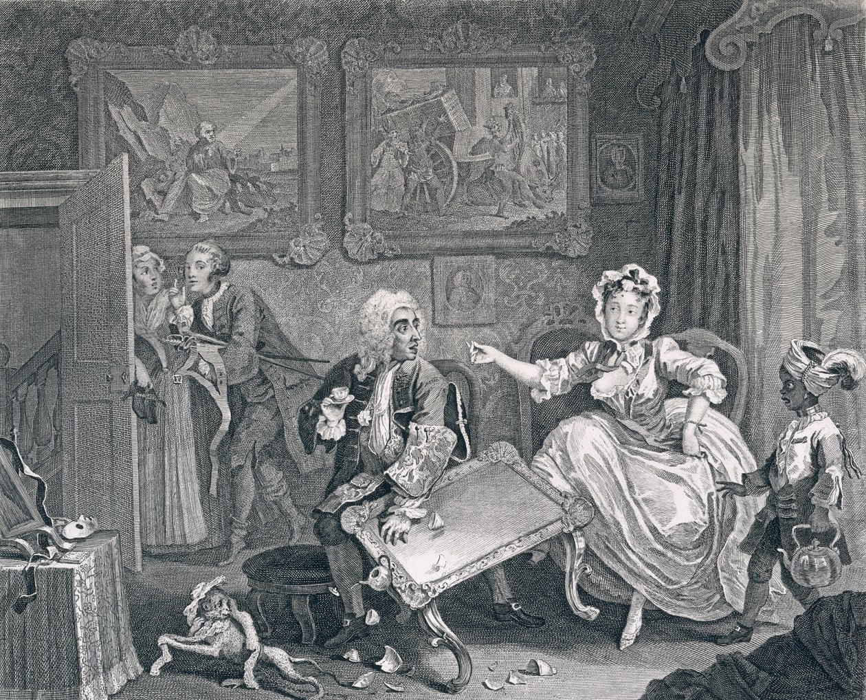 تقدم Harlot ، اللوحة الثانية: مشاجرات مع حاميها اليهودي ، 1732 (النقش والحفر) بواسطة وليام هوغارث