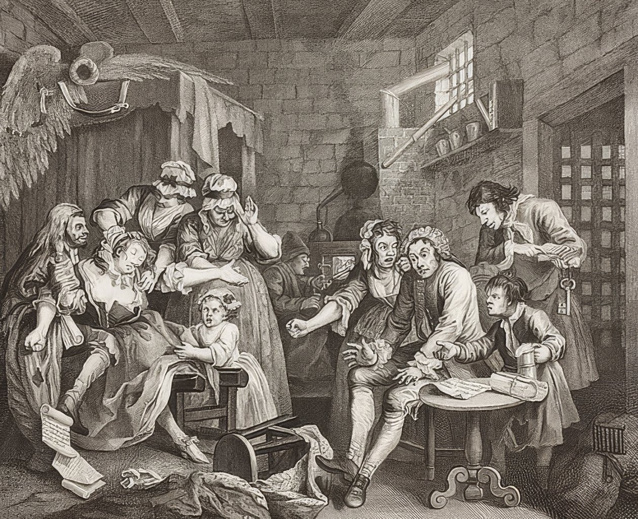 A Rake؟ S Progress ، اللوحة 7: The Rake in Prison - Sheet 7: Tom Rakewell in Prison. 1735 بواسطة وليام هوغارث