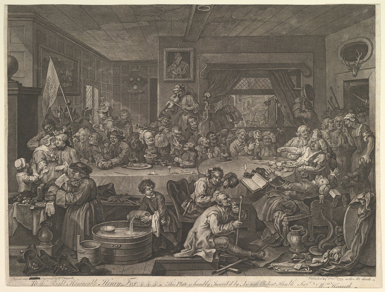 الترفيه الانتخابي ، اللوحة الأولى: أربع مطبوعات للانتخابات ، 24 فبراير 1755. بواسطة وليام هوغارث