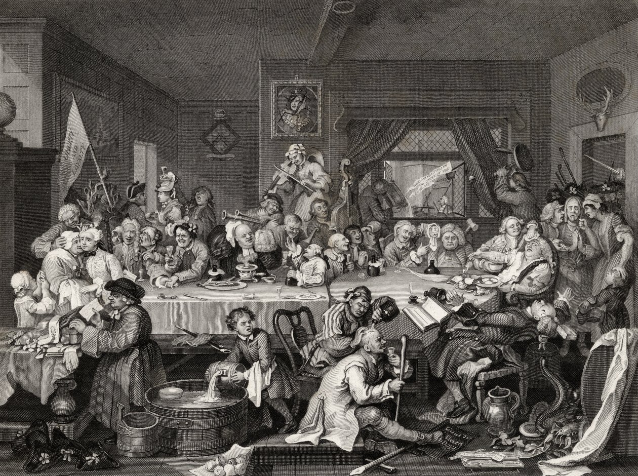 الترفيه الانتخابي ، نقشه TE Nicholson ، من "أعمال ويليام هوغارث" ، نشر عام 1833 بواسطة وليام هوغارث