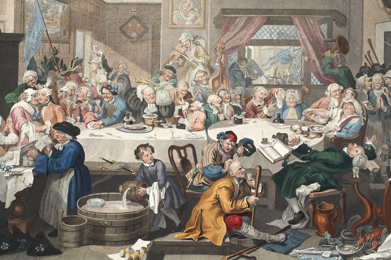ترفيه انتخابي ، رسم توضيحي من "Hogarth Restored: The Whole Works of the William Hogarth الشهير ، أعيد نقشه توماس كوك" ، الحانة. 1812 (نقش يدوي) بواسطة وليام هوغارث