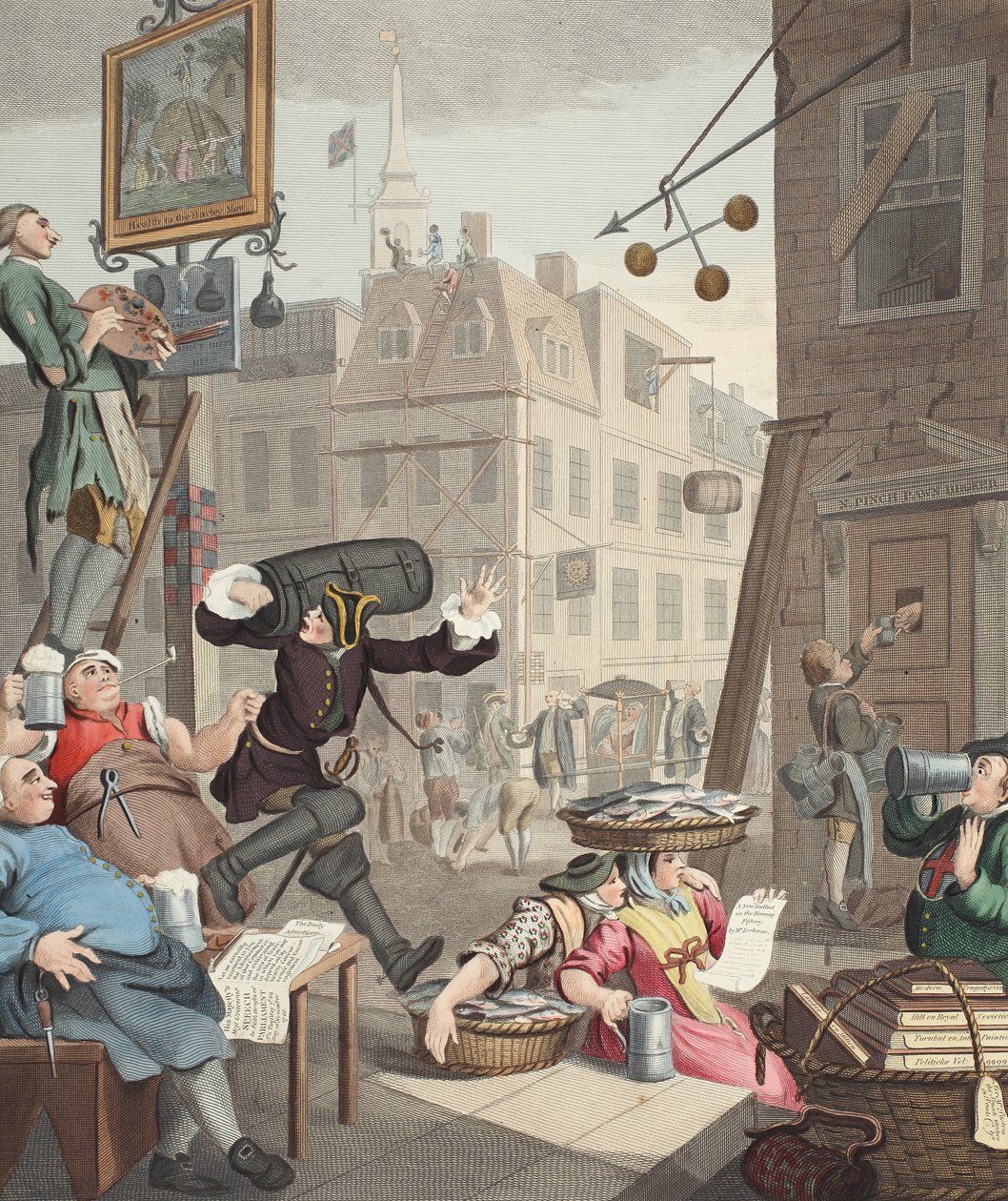 شارع البيرة ، رسم توضيحي من "Hogarth Restored: The Whole Works of the William William Hogarth الشهير ، الذي نقشه توماس كوك" ، الحانة. 1812 (نقش يدوي) بواسطة وليام هوغارث