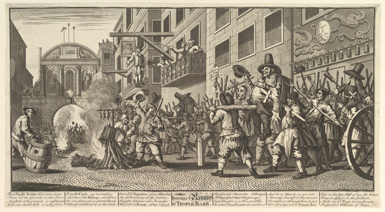 حرق الكتل في بار تمبل اثنا عشر توضيحات كبيرة لصموئيل بتلر هوديبرا ، 1725-68. بواسطة وليام هوغارث