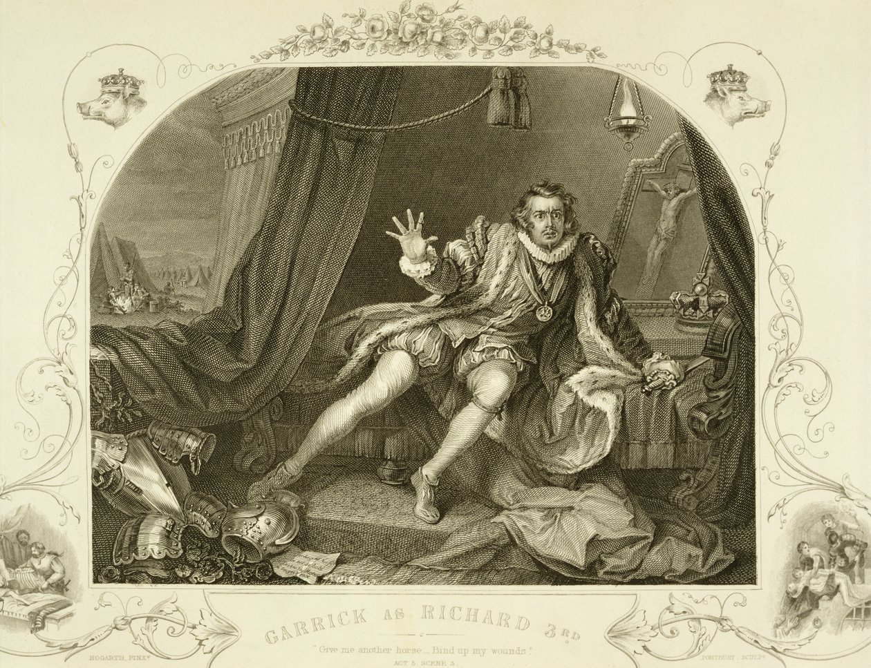 ديفيد جاريك (1717-79) مثل ريتشارد الثالث ، الفصل الخامس المشهد 3 ، في مسرحية وليام شكسبير (1564-1616) التي نقشها بورتبيري بواسطة وليام هوغارث