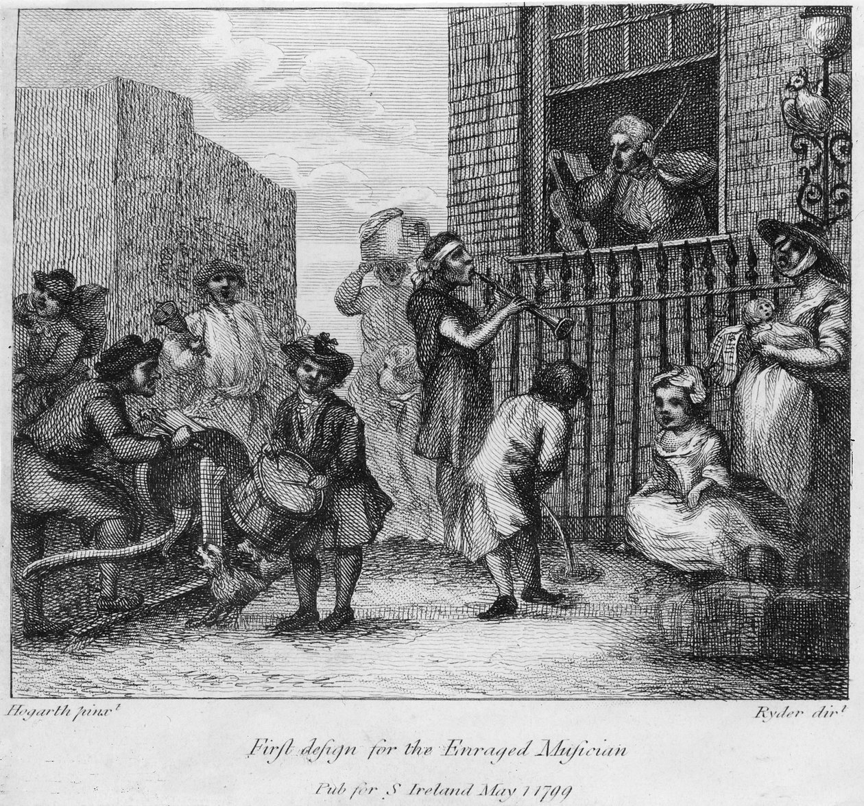 أول تصميم للموسيقي الغاضب 1799 بواسطة وليام هوغارث