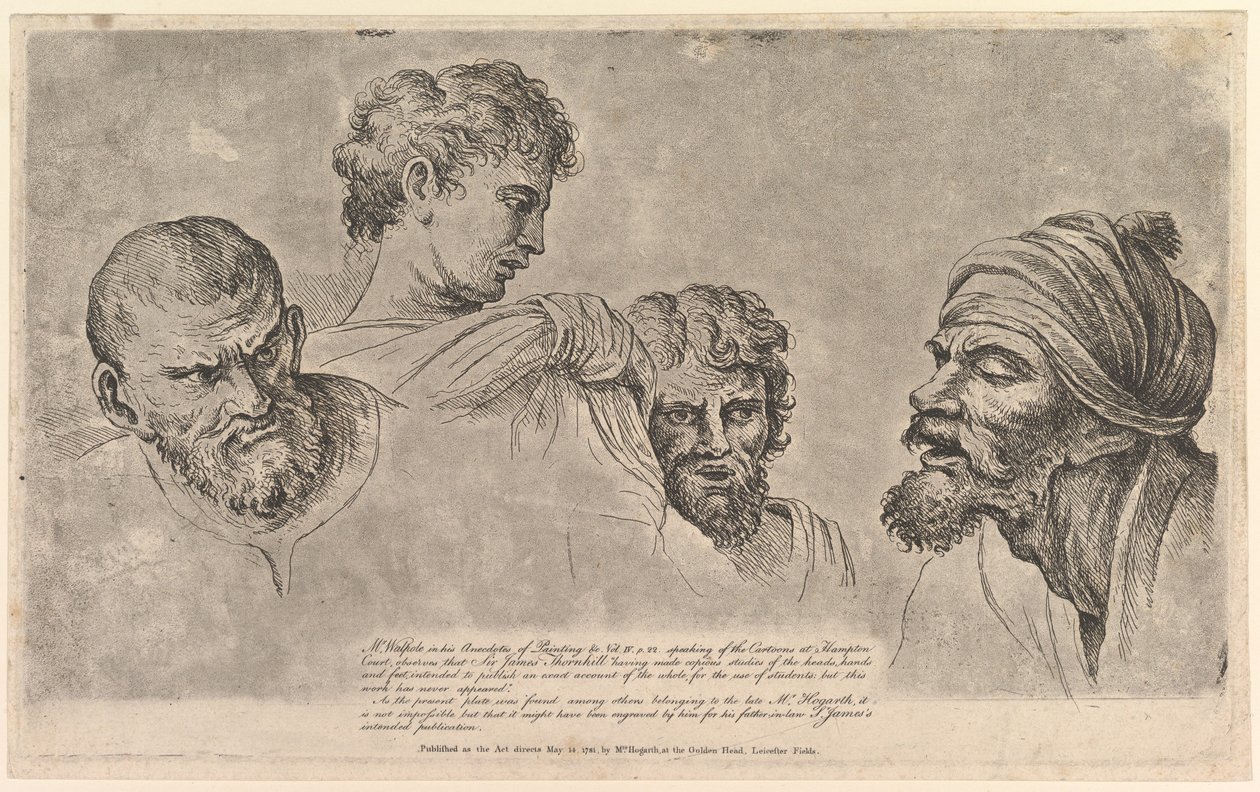 أربعة رؤوس من رسوم رافائيل الكرتونية في هامبتون كورت ، 14 مايو 1781. بواسطة وليام هوغارث
