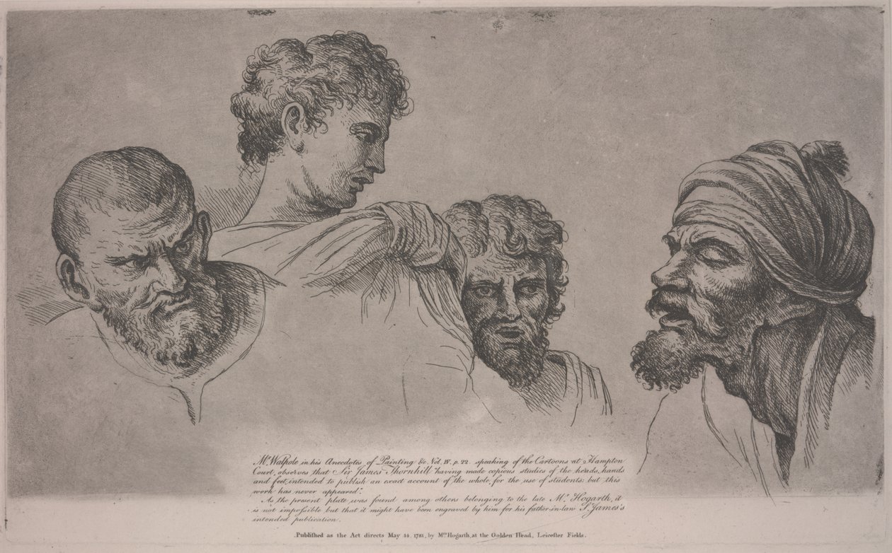 أربعة رؤساء من الرسوم الكاريكاتورية رافائيل في هامبتون كورت ، حوالي عام 1729 (حفر) بواسطة وليام هوغارث
