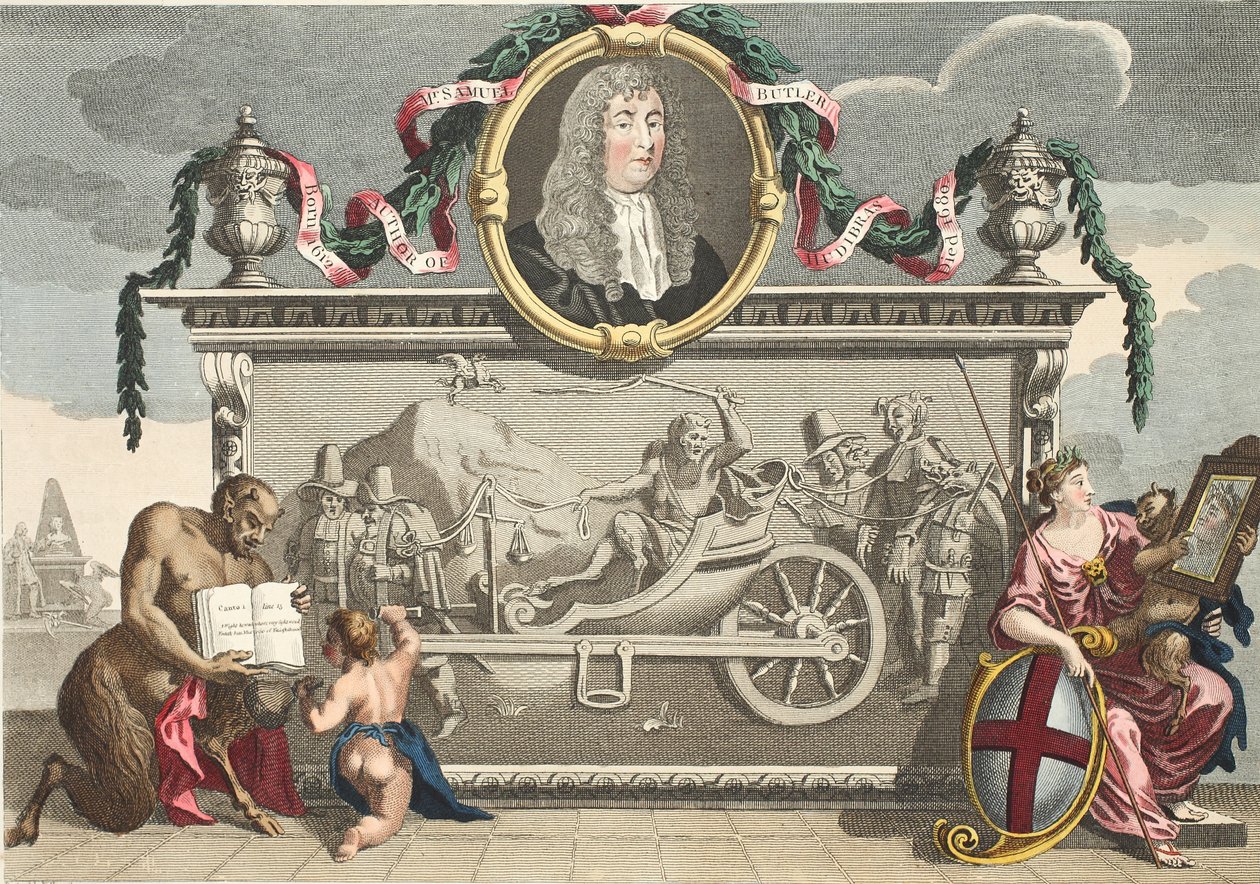 صورة لواجهة &39;Hudibras&39; بما في ذلك صورة لصموئيل بتلر ، رسم توضيحي من &39;Hogarth Restored: The Whole Works of the William William Hogarth الشهير ، أعيد نقشه توماس كوك&39; ، الحانة. 1812 (يد- بواسطة وليام هوغارث