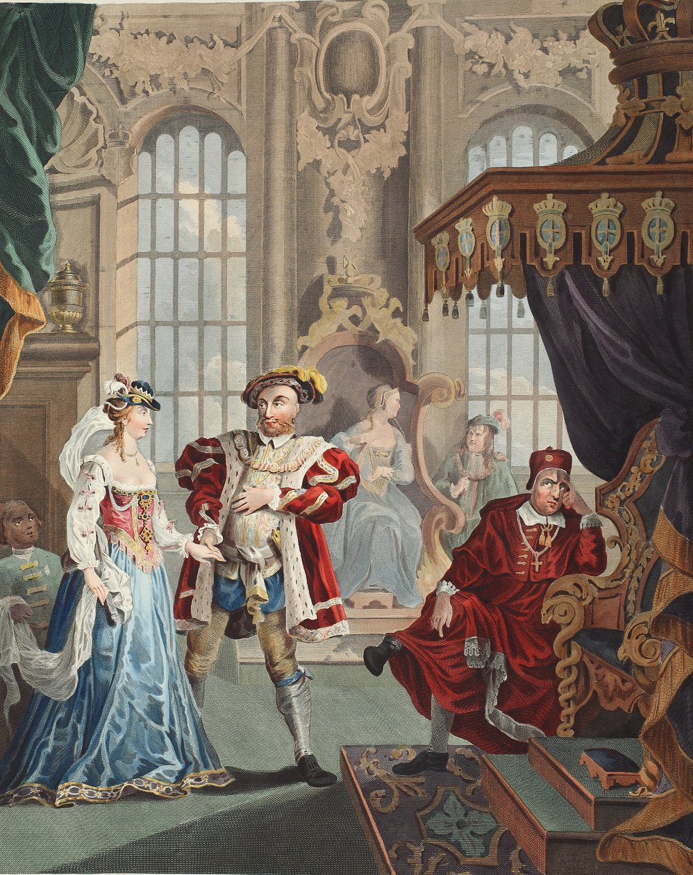 هنري الثامن وآن بولين ، رسم توضيحي من "Hogarth Restored: The Whole Works of the الشهير William Hogarth ، الذي أعاد توماس كوك نقشه" ، حانة. 1812 (نقش ملون يدويًا) بواسطة وليام هوغارث