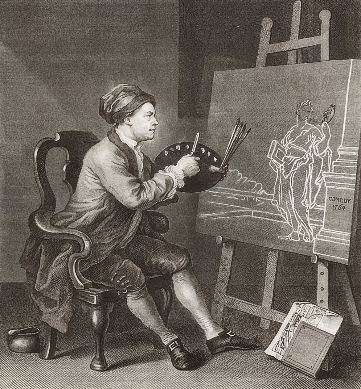 Hogarth رسم اللوحة الهزلية - Hogarth malt die komische Muse. 1764 بواسطة وليام هوغارث