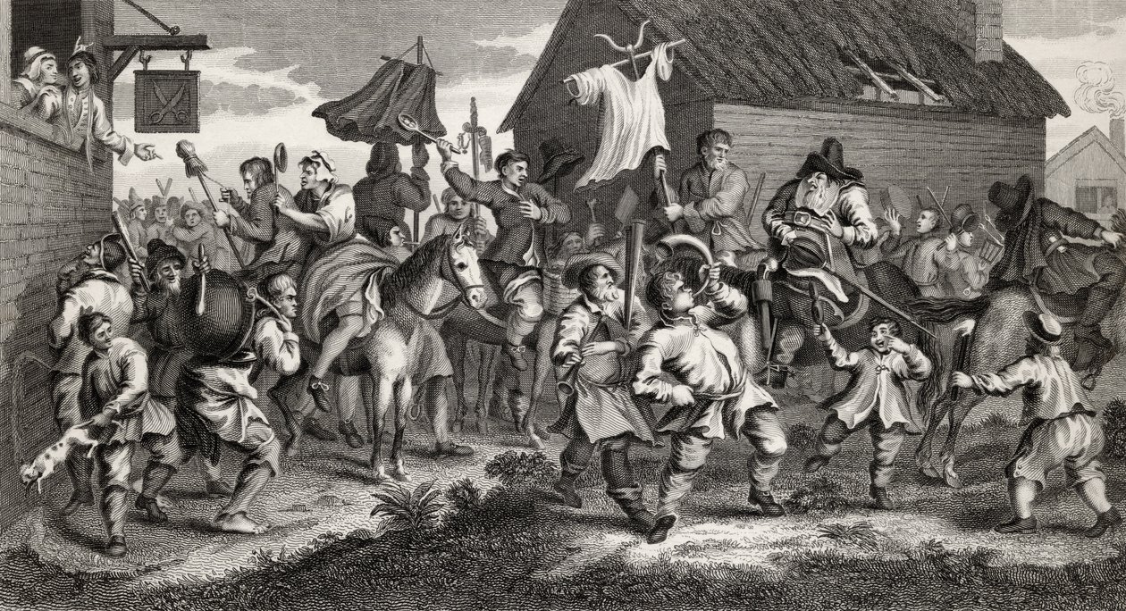 يصادف Hudibras Skimmington ، نقشها TE Nicholson ، من "Hudibras" ، بقلم Samuel Butler (1612-80) من "أعمال هوغارث" ، نُشر عام 1833 بواسطة وليام هوغارث