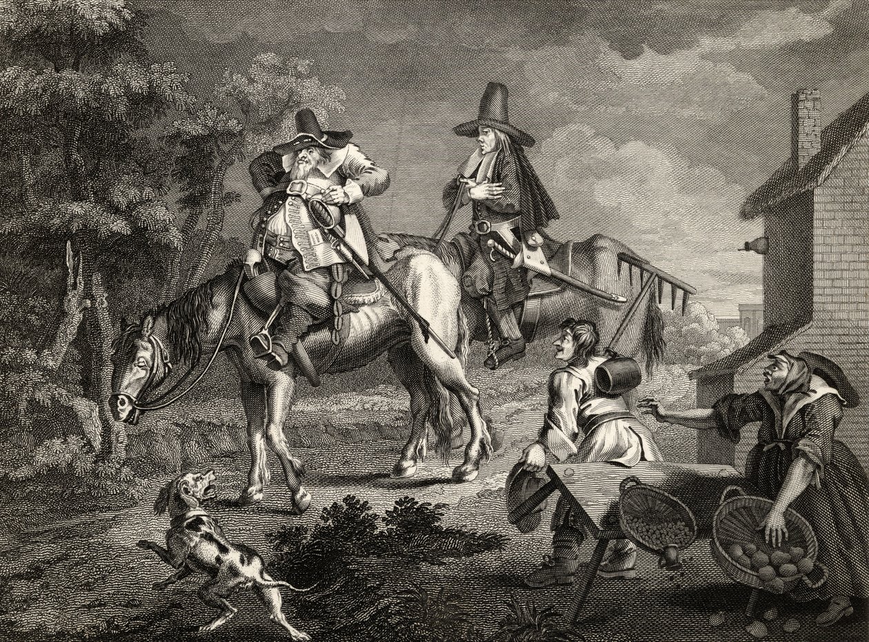 Hudibras Sallies Forth ، من "Hudibras" بقلم صموئيل بتلر (1612-80) الذي نقشه C. Armstrong ، من "أعمال ويليام هوغارث" ، نُشر عام 1833 بواسطة وليام هوغارث
