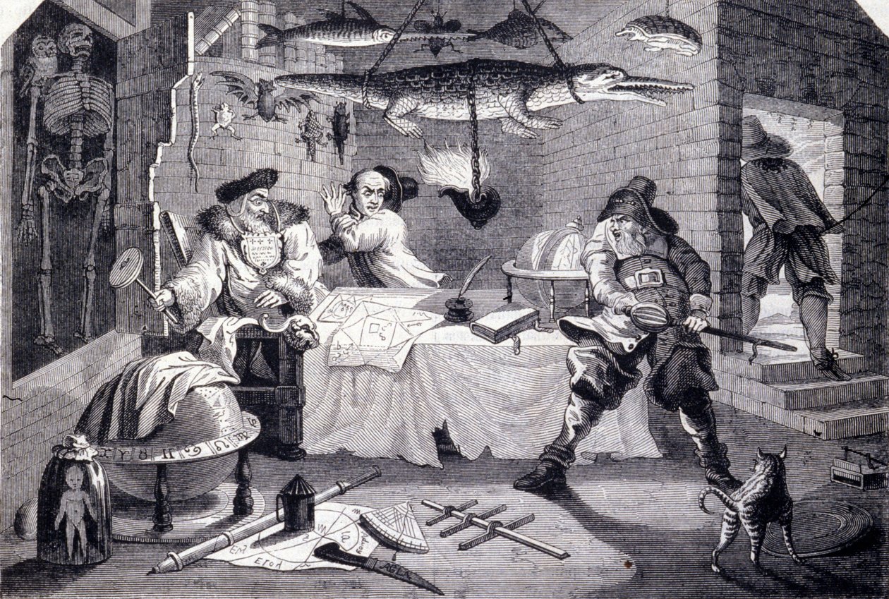 يهاجم Hudribas المنجم Sidrophel و خادمه Whacum. نقش ويليام هوغارث (1697-1764) لقصيدة "هوبريداس" لصموئيل بتلر (القرن السابع عشر). حوالي عام 1725 بواسطة وليام هوغارث