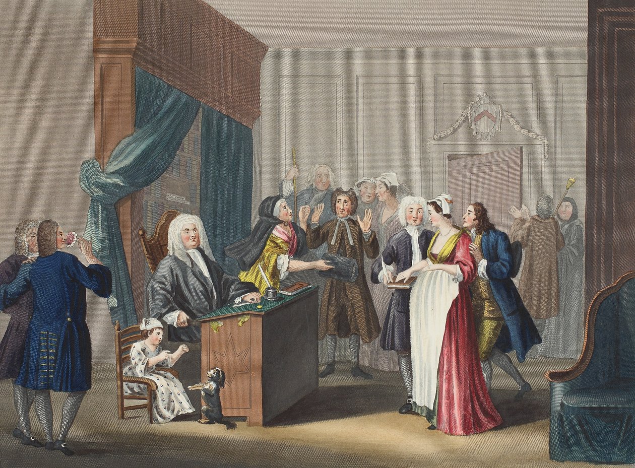 انتصارات العدالة ، رسم توضيحي من "Hogarth Restored: The Whole Works of the Celebrated William William Hogarth، re-eng نقش بواسطة Thomas Cook" ، الحانة. 1812 (نقش يدوي) بواسطة وليام هوغارث