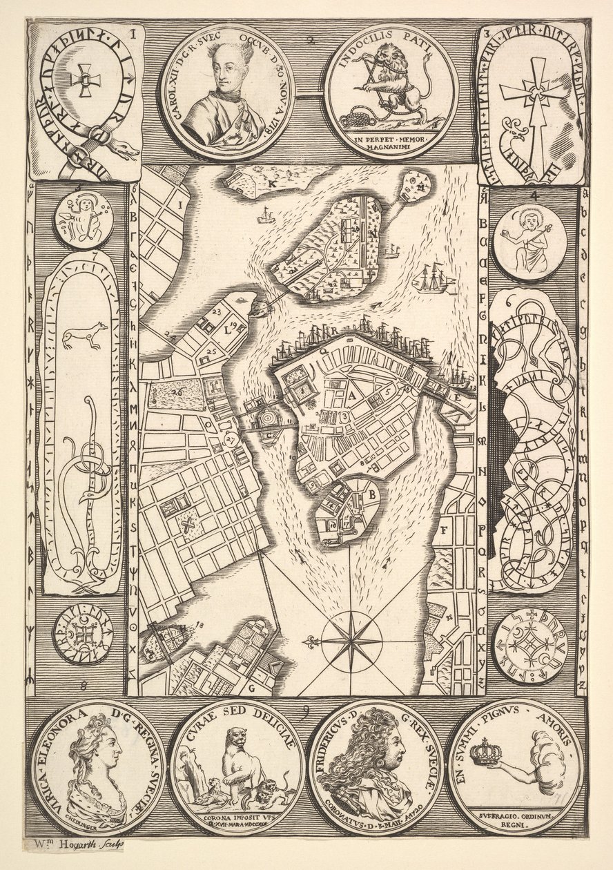 خريطة ستوكهولم أوبري دي لا موتراييس للسفر في جميع أنحاء أوروبا وآسيا والجزء ... ، 1723-24. بواسطة وليام هوغارث