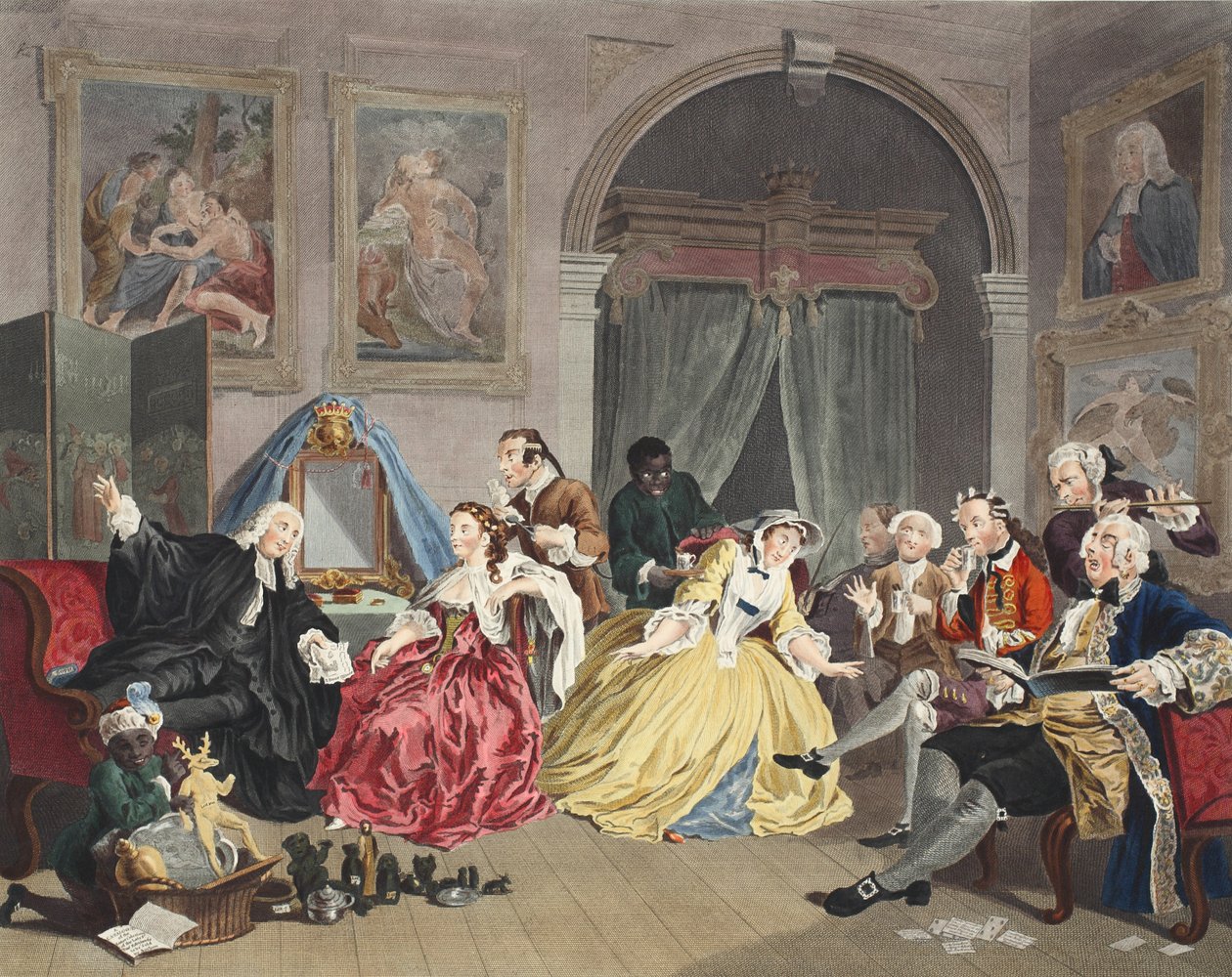 الزواج من الوضع ، اللوحة الرابعة ، The Toilette ، رسم توضيحي من "Hogarth Restored: The Whole Works of the William William Hogarth الشهير ، أعيد نقشه توماس كوك" ، الحانة. 1812 (نقش يدوي) بواسطة وليام هوغارث