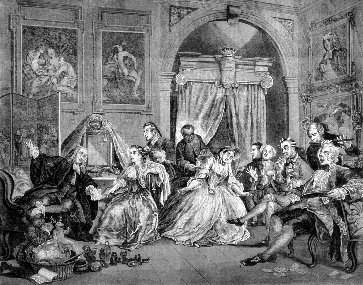 الزواج في الموضة (الزواج في الموضة): سلسلة من 6 لوحات ساخرة عن حفل زفاف الأثرياء. ارفعه. نقش ويليام هوغارث (1697 - 1764). 1745. بواسطة وليام هوغارث
