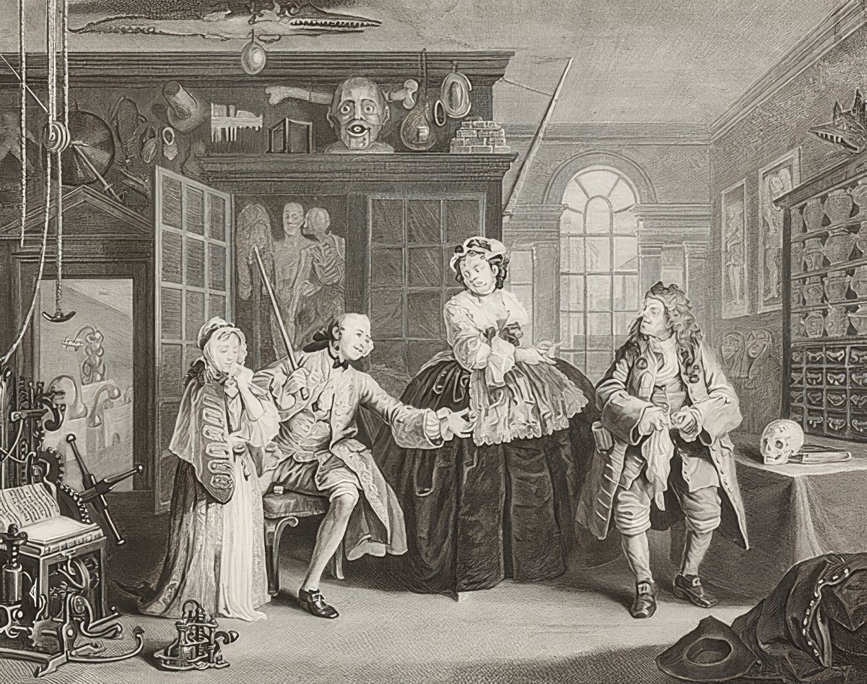 زواج لا موضة. الورقة 3: التفتيش - Der Graf und der Quacksalber. 1745 بواسطة وليام هوغارث