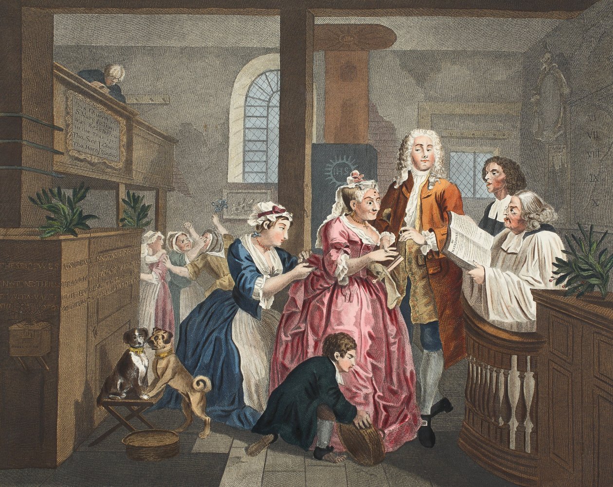 متزوج من خادمة قديمة ، اللوحة الخامسة من "تقدم Rake" ، صورة توضيحية من "Hogarth Restored: The Whole Works of the Celebrated William William Hogarth ، أعيد نقشه توماس كوك" ، الحانة. 1812 (ملونة يدوياً بواسطة وليام هوغارث