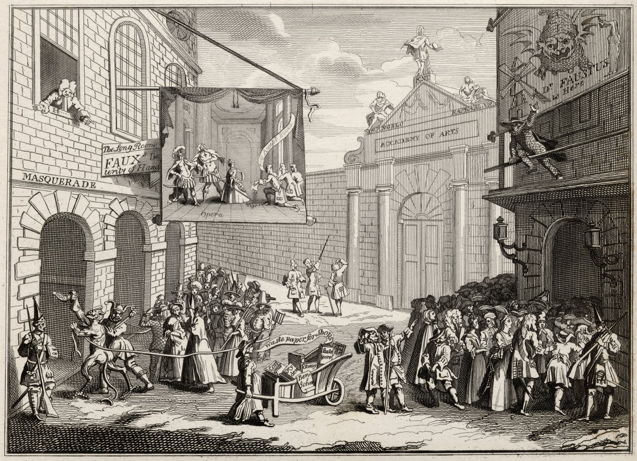 حفلة تنكرية وأوبرا ، بوابة برلنغتون ، من "أعمال هوغارث" ، نُشرت عام 1833 بواسطة وليام هوغارث