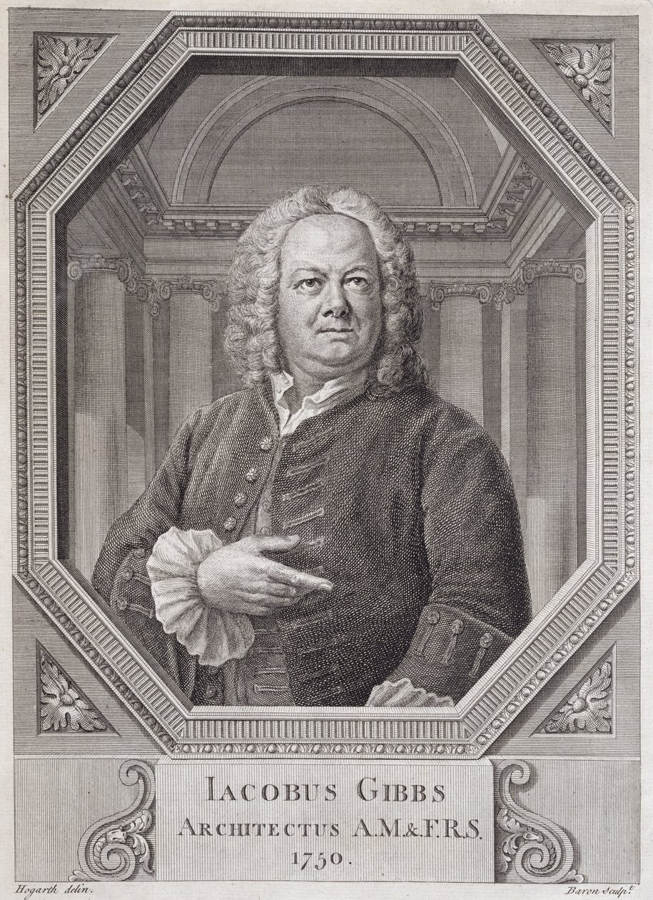 صورة لجيمس جيبس (1682-1754) من "الخطط والأقسام والارتفاعات بمكتبة رادكليف" ، نقشها برنارد بارون (1696-ج 1766) 1750 بواسطة وليام هوغارث