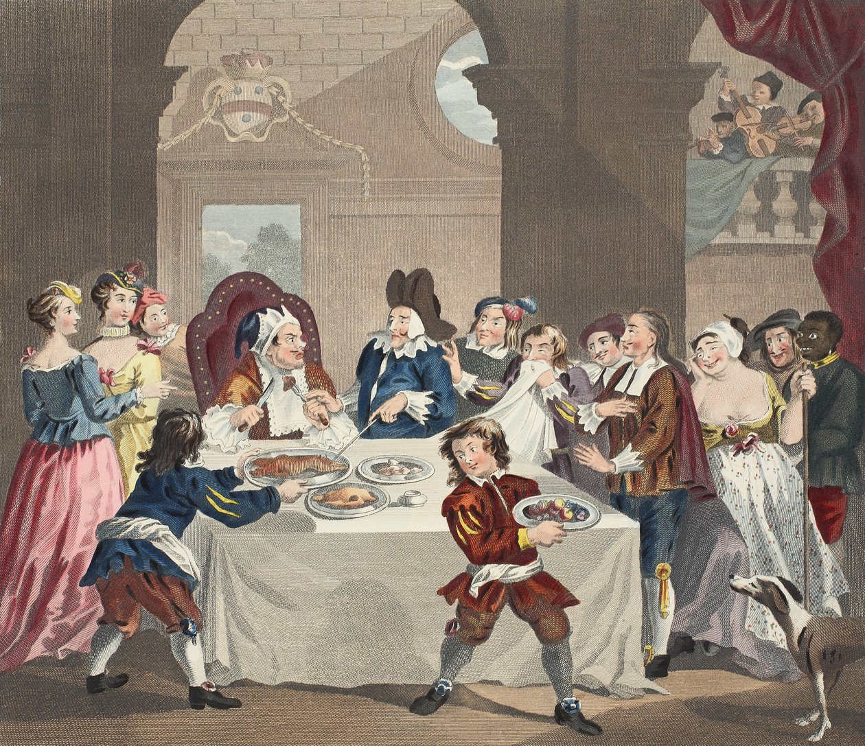 سانشو في العيد المجوع من قبل طبيبه ، رسم توضيحي من "Hogarth Restored: The Whole Works of the William Hogarth الشهير ، أعيد نقشه بواسطة توماس كوك" ، الحانة. 1812 (نقش يدوي) بواسطة وليام هوغارث