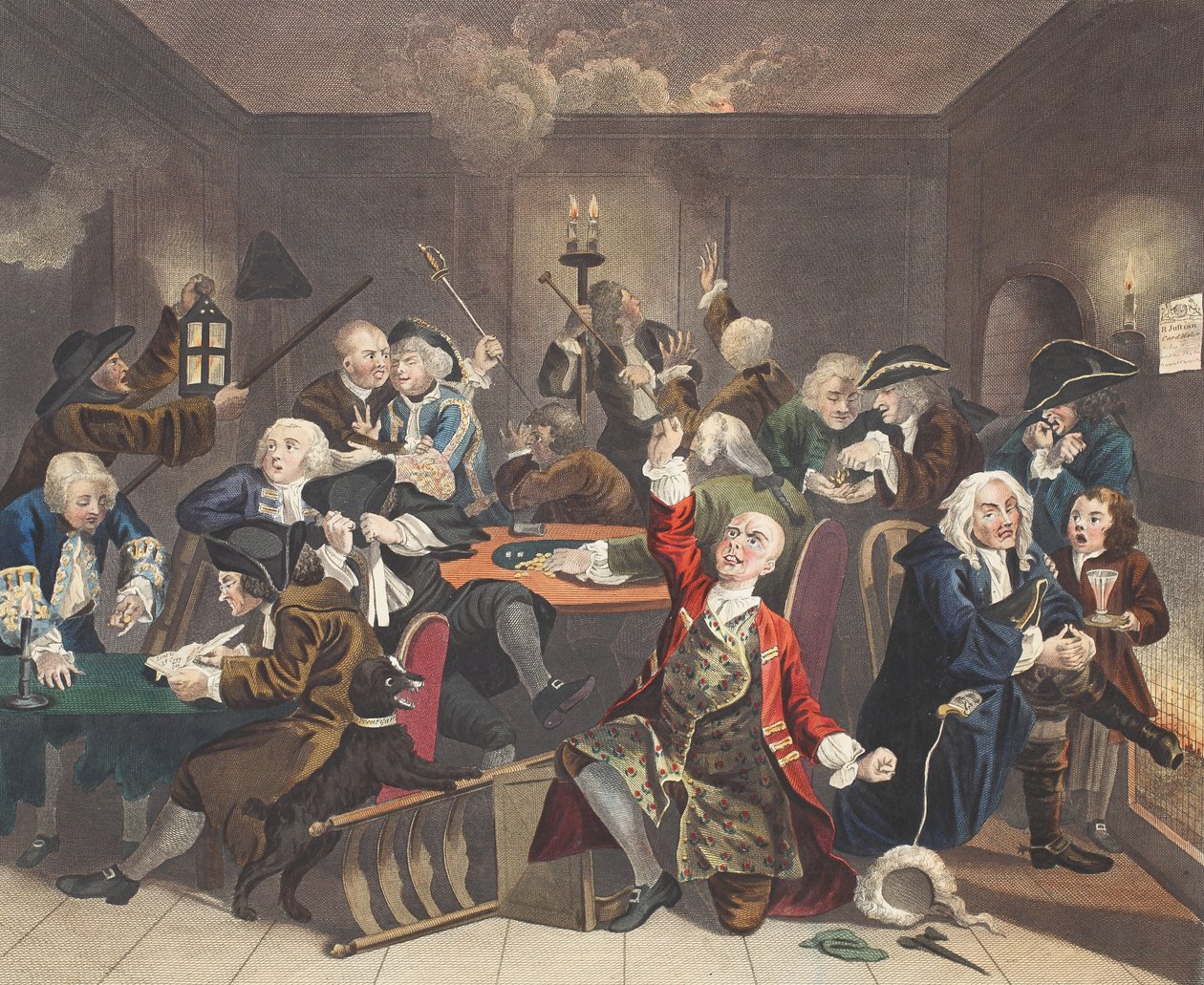 مشهد في بيت ألعاب ، اللوحة السادسة من "تقدم Rake&39;s ، صورة توضيحية من" Hogarth Restored: The Whole Works of the William Hogarth الشهير ، أعيد نقشه توماس كوك ، الحانة. 1812 (ملونة يدوياً بواسطة وليام هوغارث